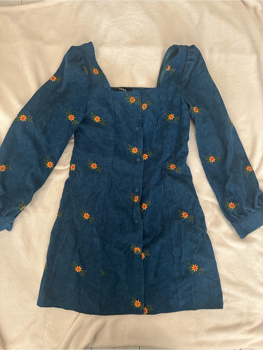 CIDER Blue Corduroy Embroidered Floral Mini Dress – Size M